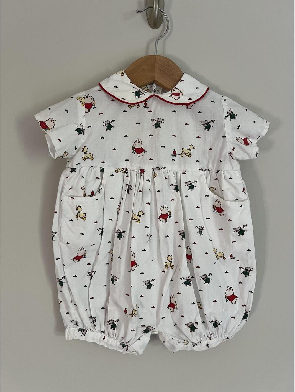Vintage Jacadi Gardening Mice/Duck Print Peter Pan Collar Bubble Romper